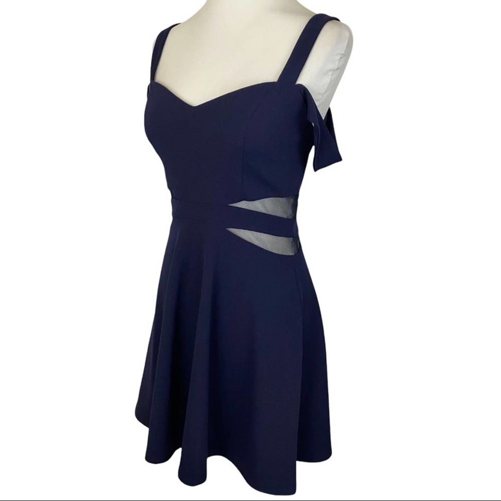 XTRAORDINARY | Navy Blue Cold Shoulder Sheer Cutout Mini Party Cocktail Dress - Picture 8 of 16